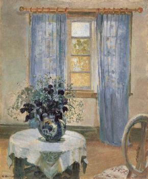 Anna Ancher : Living room with lilac curtins and blue clematis
